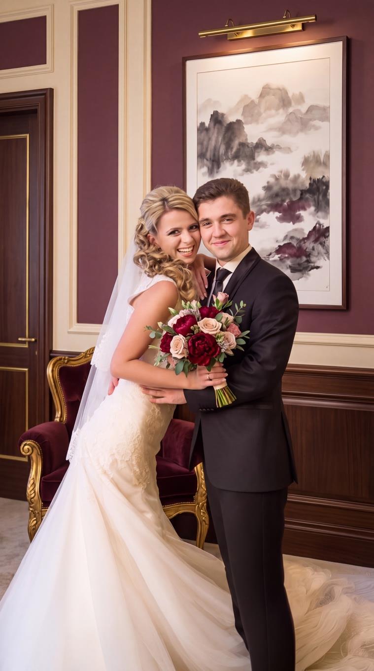 Wedding concept in a burgundy interior with red and pink flowers